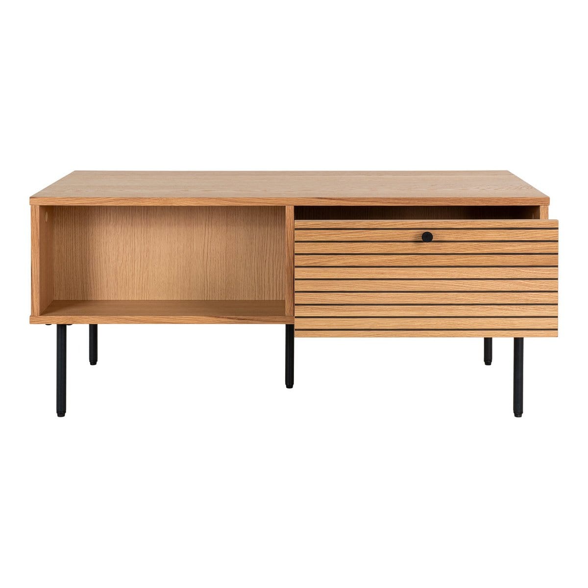 House Nordic ApS Kyoto Coffee Table - Salontafel, eikenfineer, zwart metalen poten, 2 laden, 50x100x45 cm