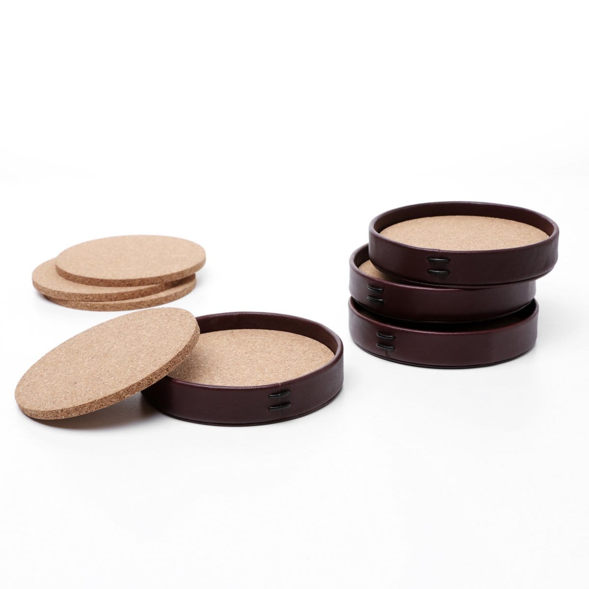 TX-Distri Liiton Leather Coaster 9,6cm, cork inside, 4-pack, giftbox