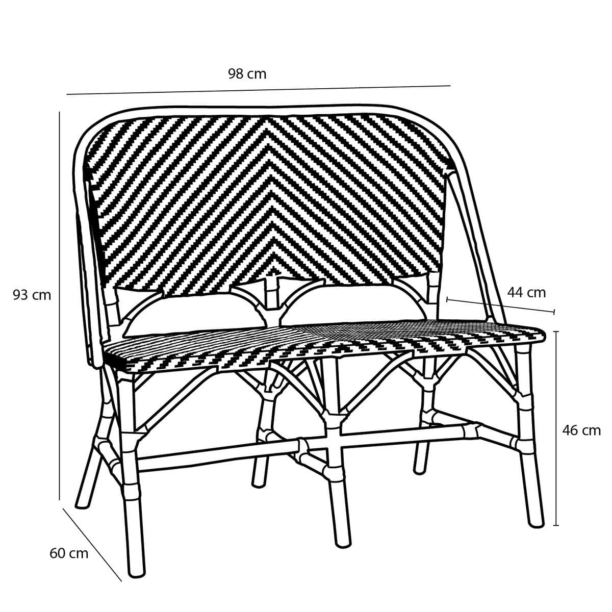 Mica Decorations Mandox Bank voor Buiten - L98 x B60 x H93 cm - Rotan - Zwart, Wit