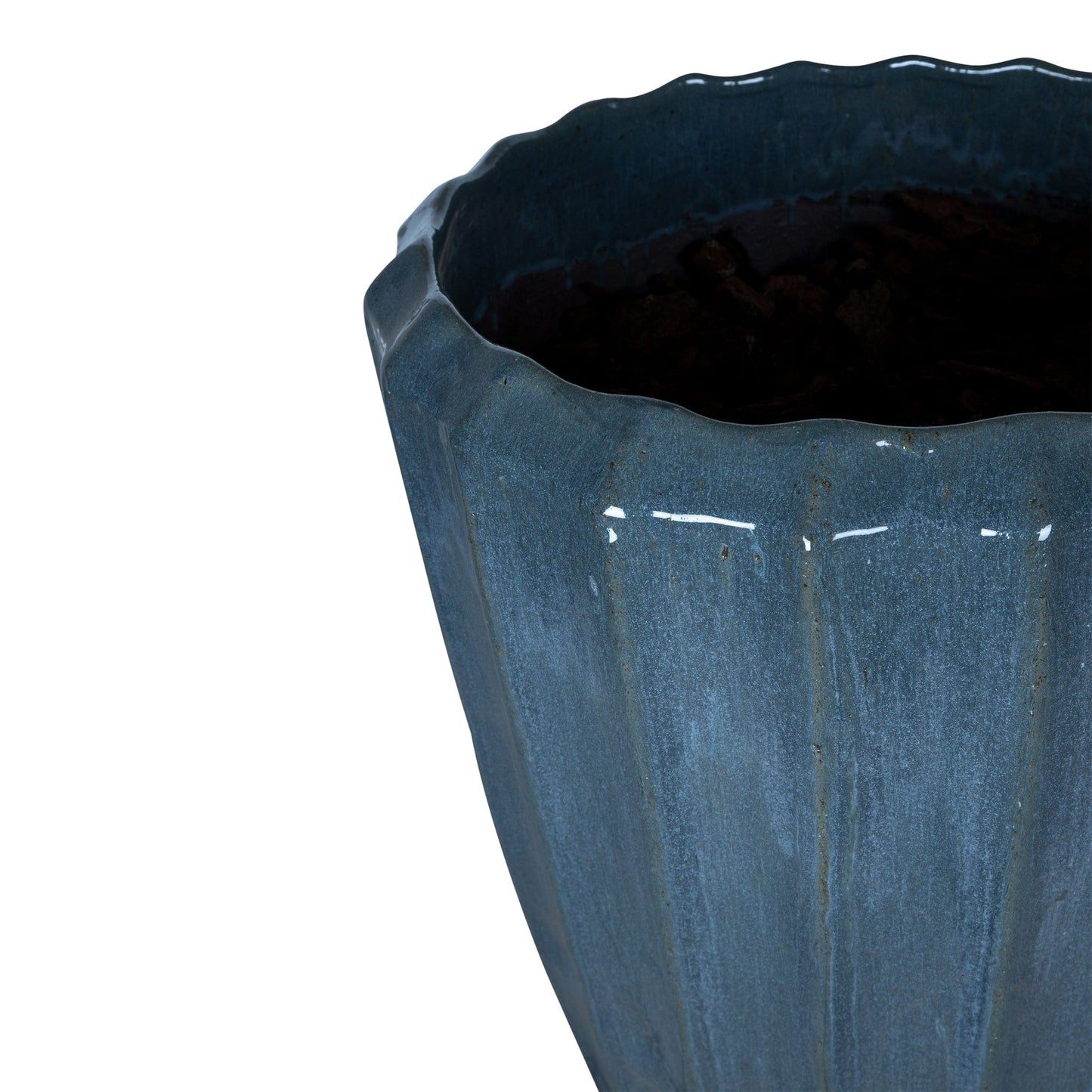 PTMD Olver Blue keramiek pot geribbelde structuur rond S