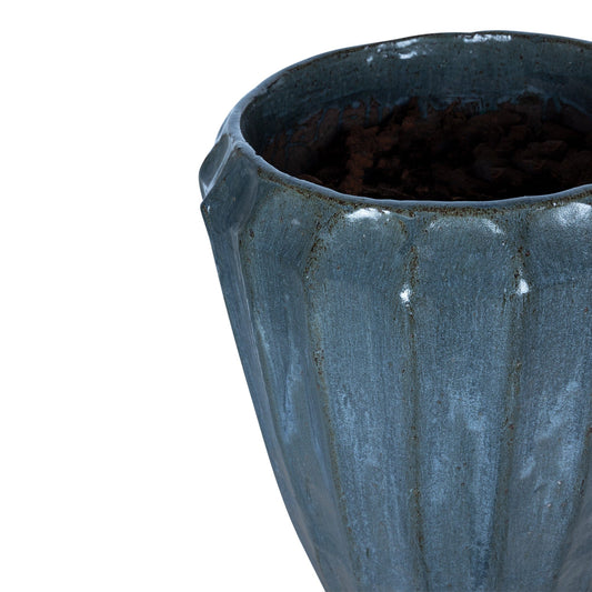 PTMD Olver Blue keramische pot geribbelde structuur rond L