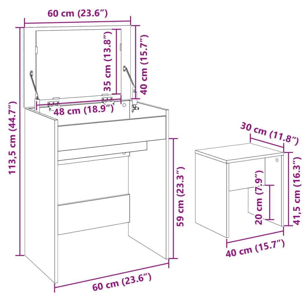 vidaXL Slaapkamerkaptafels Kaptafel met krukje 60x40x113,5 cm bruin eikenkleurig