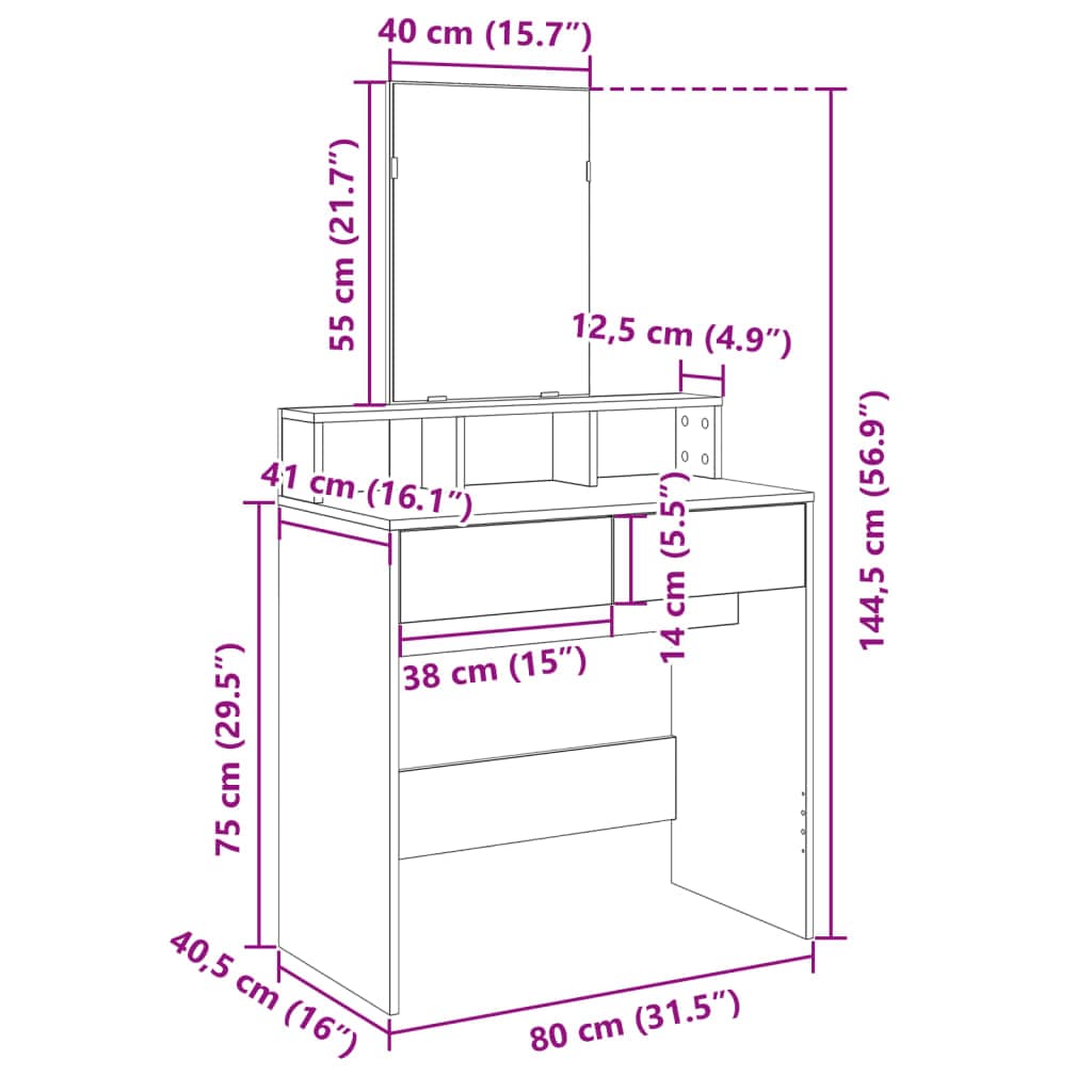 vidaXL Slaapkamerkaptafels Kaptafel met spiegel 80x41x144,5 cm betongrijs