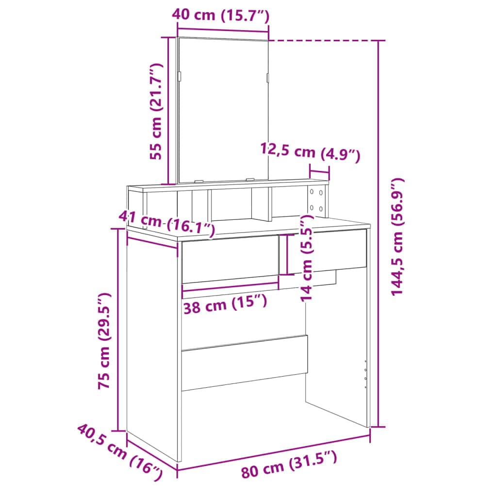 vidaXL Slaapkamerkaptafels Kaptafel met spiegel 80x41x144,5 cm bruin eikenkleurig