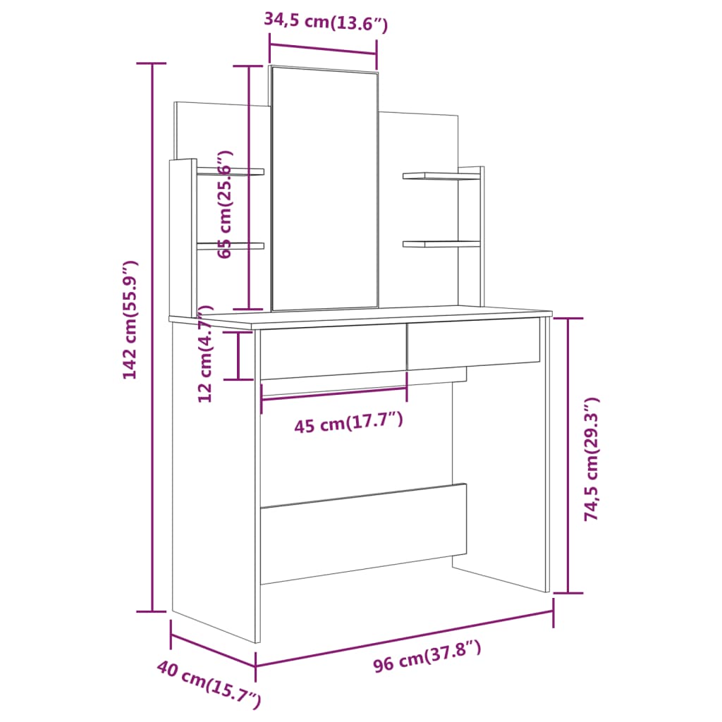 vidaXL Slaapkamerkaptafels Kaptafel met spiegel 96x40x142 cm hoogglans wit