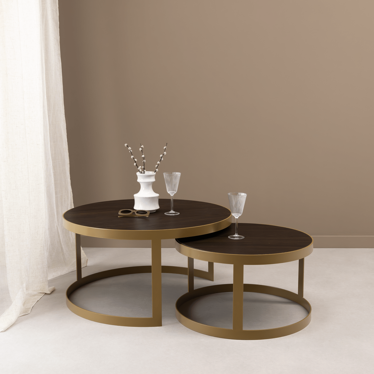 Stalux Stalux Salontafelset 'Saar' rond 80 en 60cm, kleur goud / bruin hout