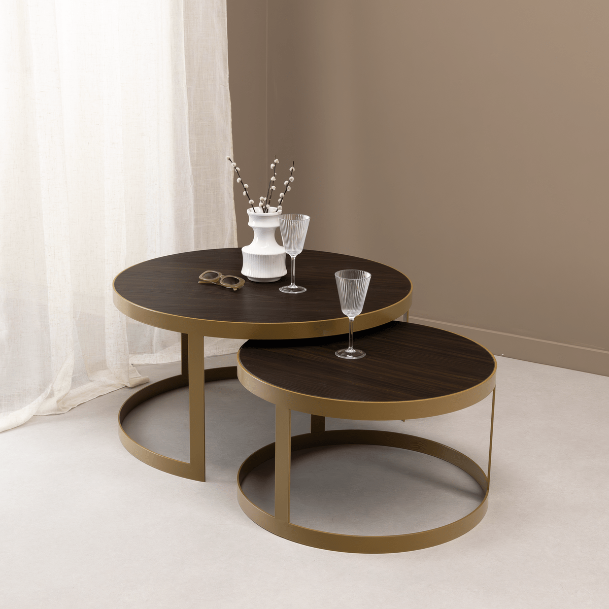 Stalux Stalux Salontafelset 'Saar' rond 80 en 60cm, kleur goud / bruin hout