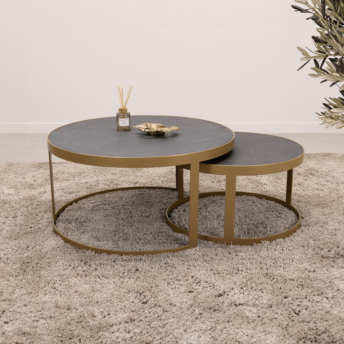 Stalux Stalux Salontafelset 'Saar' rond 80 en 60cm, kleur goud / zwart marmer