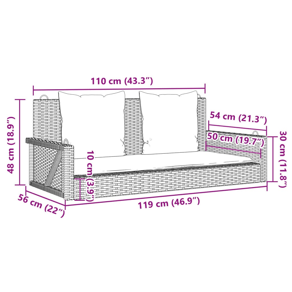 vidaXL Tuinbanken Schommelbank met kussens 119x56x48 cm poly rattan bruin