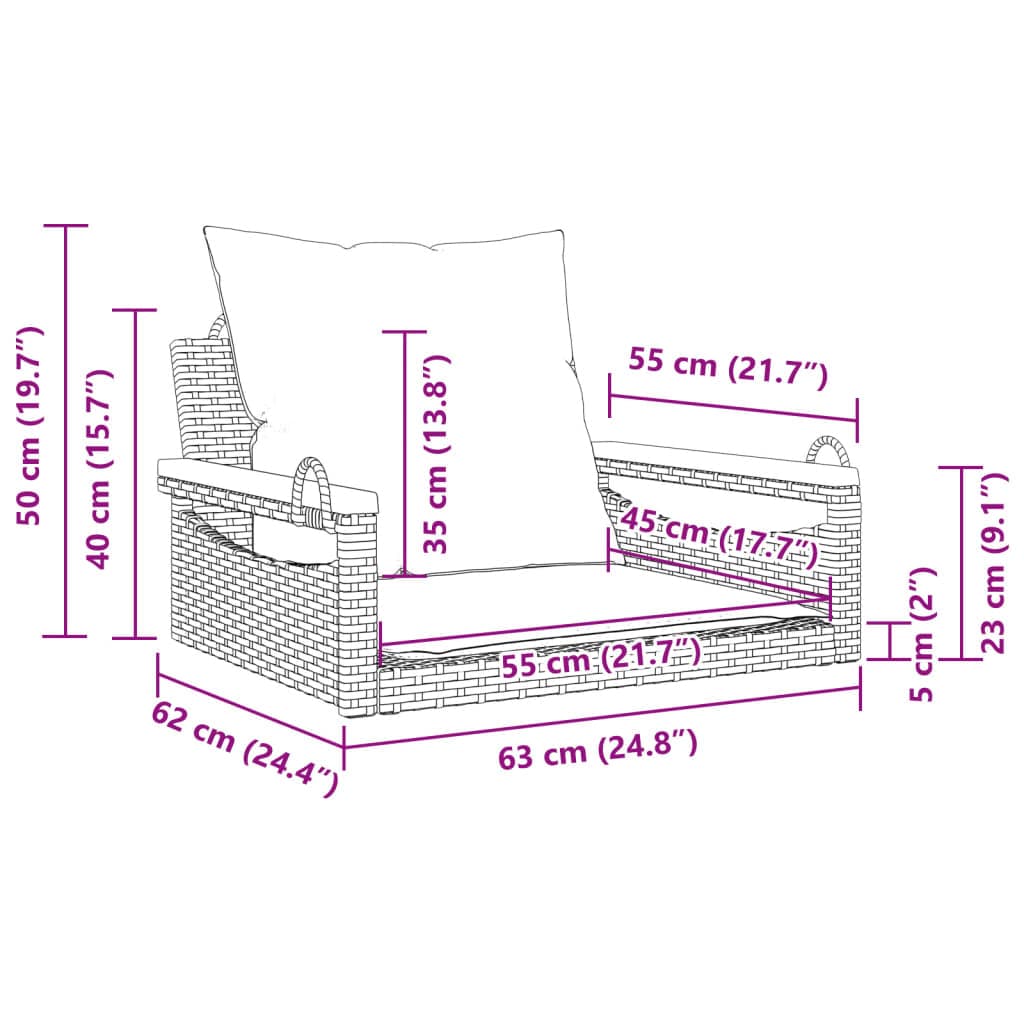 vidaXL Tuinbanken Schommelbank met kussens 63x62x40 cm poly rattan zwart