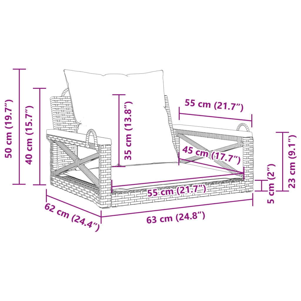 vidaXL Tuinbanken Schommelbank met kussens 63x62x40 cm poly rattan zwart
