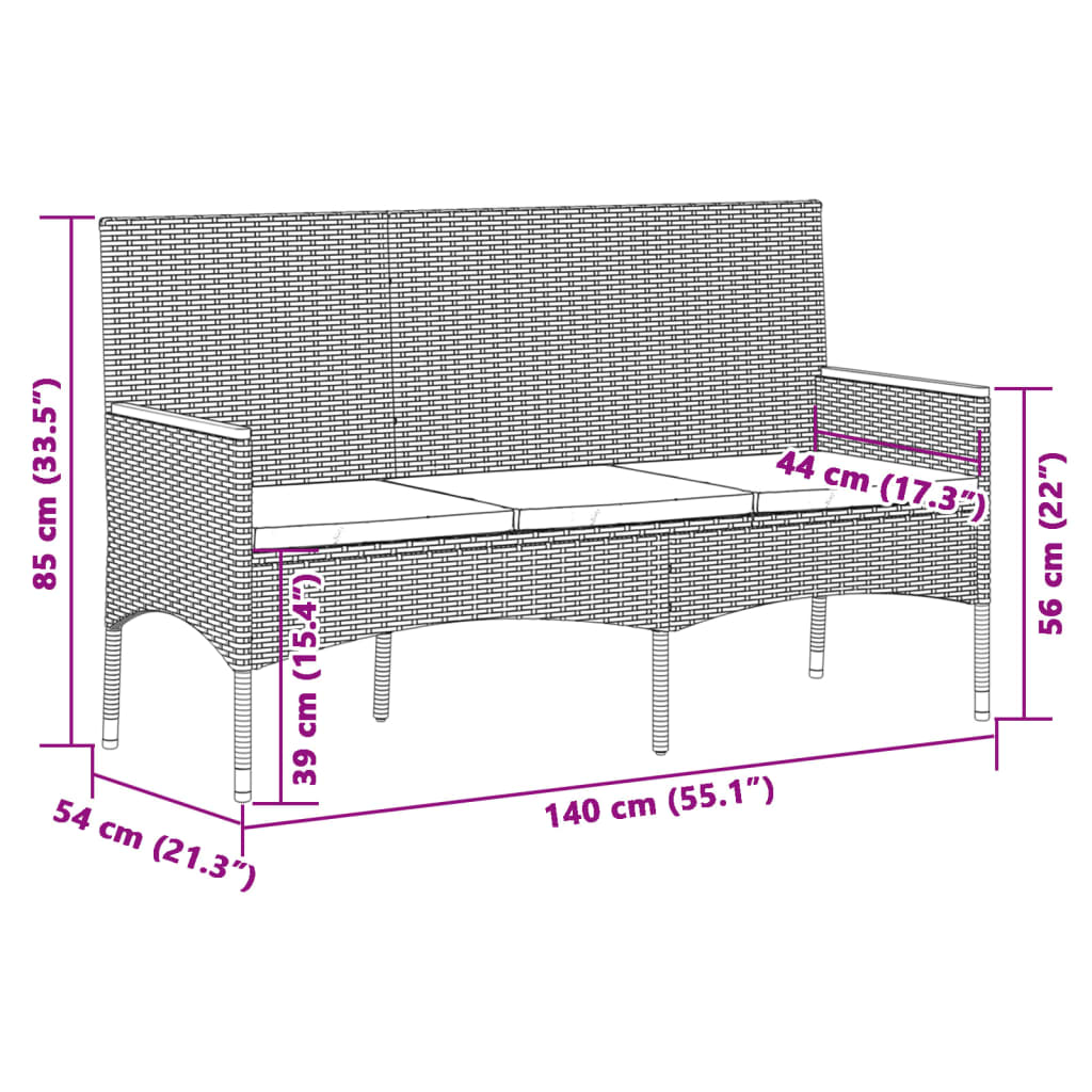 vidaXL Tuinbanken Tuinbank 3-zits met kussens poly rattan grijs