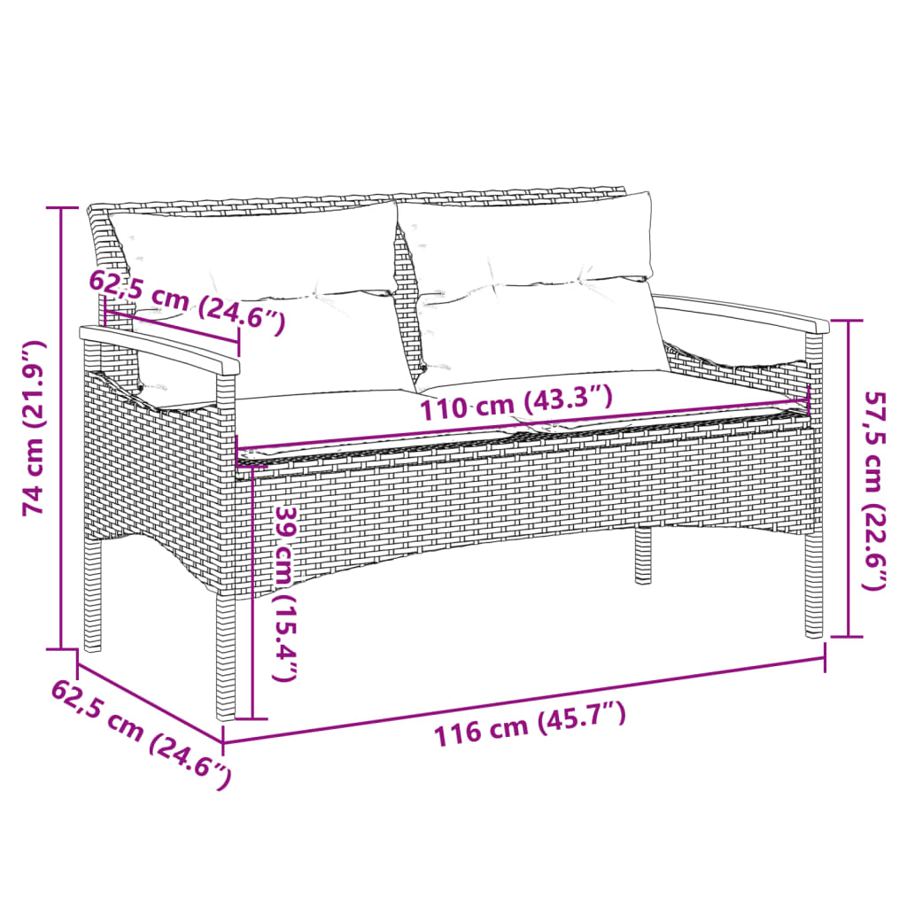 vidaXL Tuinbanken Tuinbank met kussens 116x62,5x74 cm poly rattan grijs