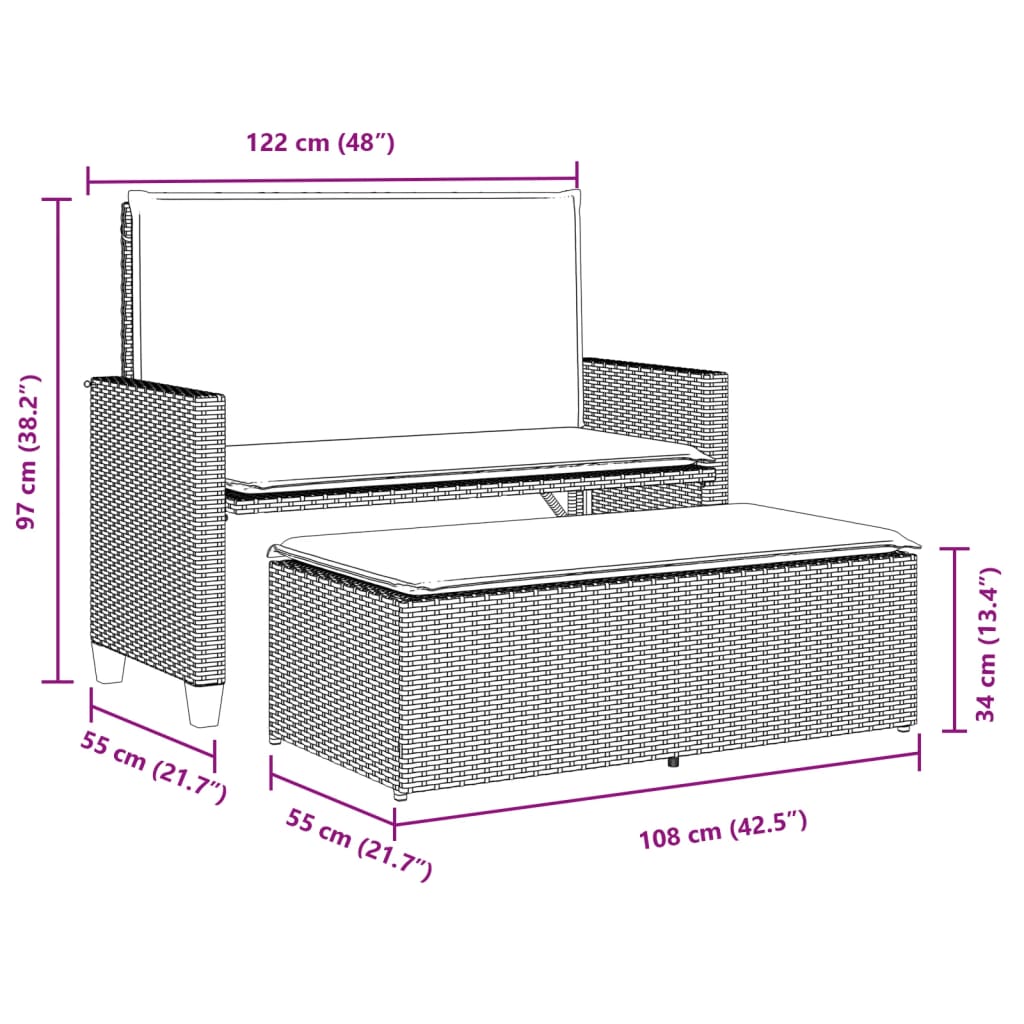 vidaXL Tuinbanken Tuinbank met kussens en voetenbank poly rattan beige