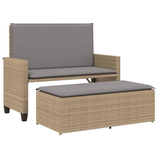 vidaXL Tuinbanken Tuinbank met kussens en voetenbank poly rattan beige