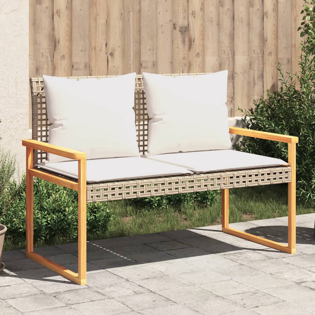 vidaXL Tuinbanken Tuinbankje met kussen poly rattan en acaciahout gemengd beige