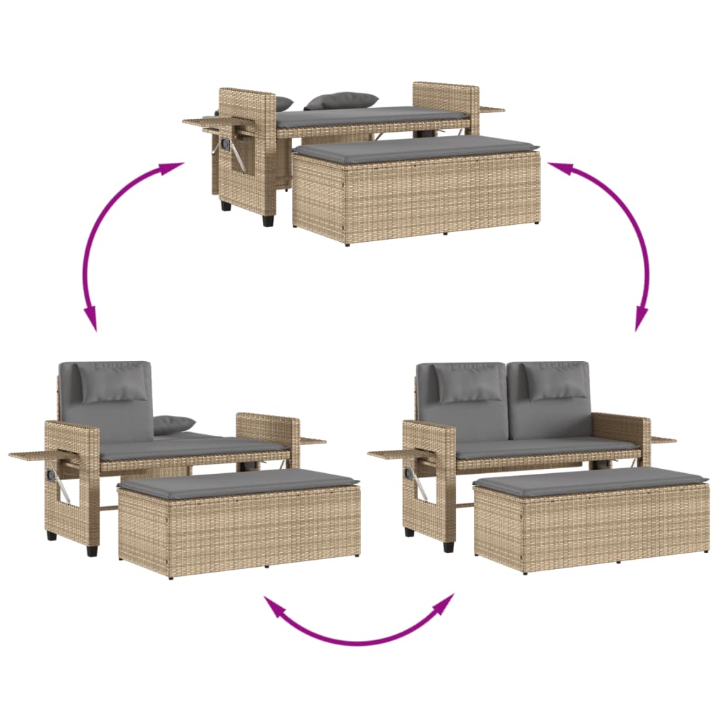 vidaXL Tuinbanken Tuinbankje verstelbaar met kussens poly rattan beige