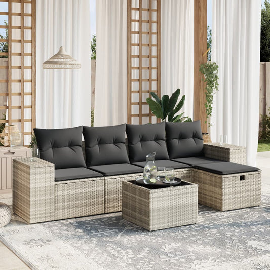 vidaXL Tuinsets 6-delige Loungeset met kussens poly rattan lichtgrijs