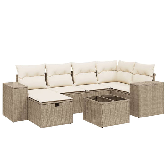 vidaXL Tuinsets 7-delige Loungeset met kussens poly rattan beige