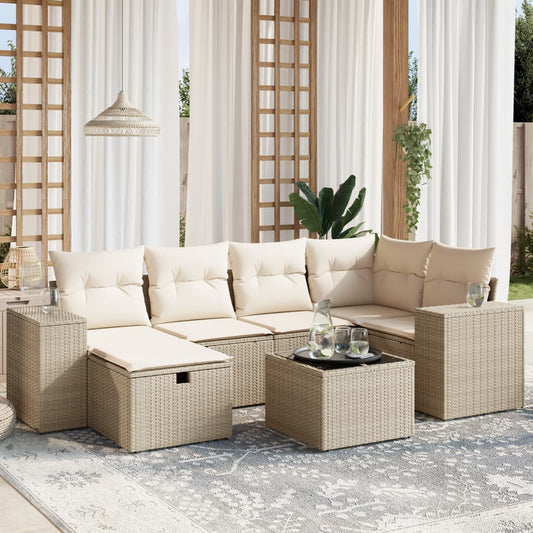 vidaXL Tuinsets 7-delige Loungeset met kussens poly rattan beige