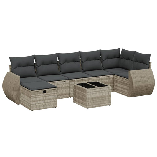 vidaXL Tuinsets 8-delige Loungeset met kussens poly rattan lichtgrijs