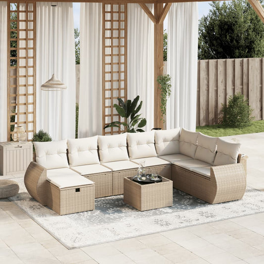 vidaXL Tuinsets 9-delige Loungeset met kussens poly rattan beige