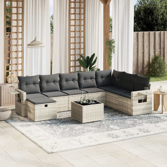 vidaXL Tuinsets 9-delige Loungeset met kussens poly rattan lichtgrijs