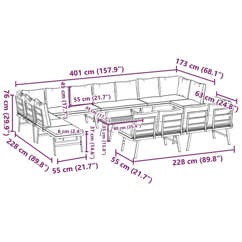 vidaXL Tuinsets 9-delige Tuinbankenset met kussens gepoedercoat staal zwart