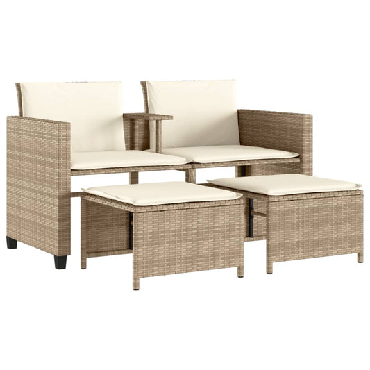 vidaXL Tuinsets Tuinbank 2-zits met tafel en voetenbanken poly rattan beige