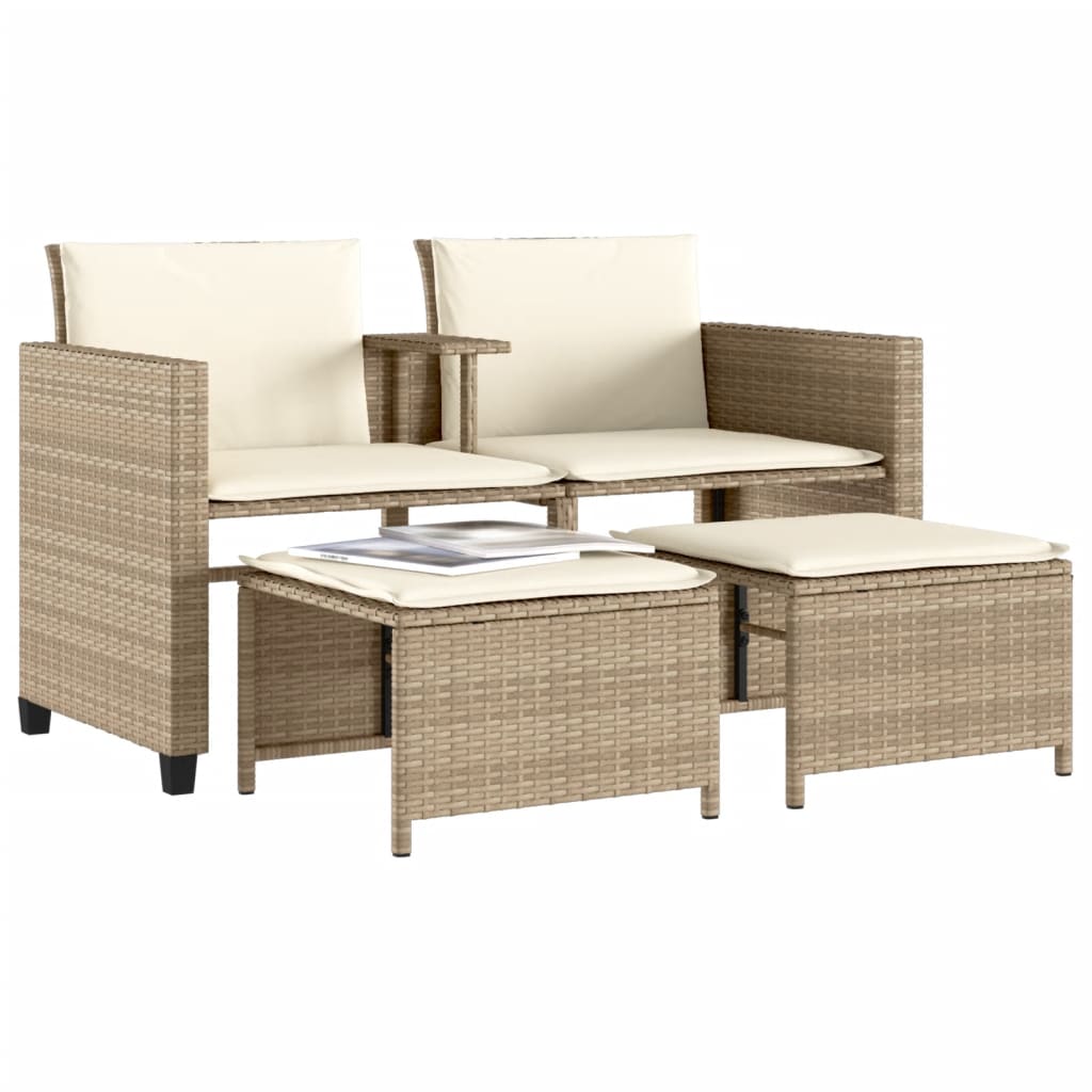 vidaXL Tuinsets Tuinbank 2-zits met tafel en voetenbanken poly rattan beige