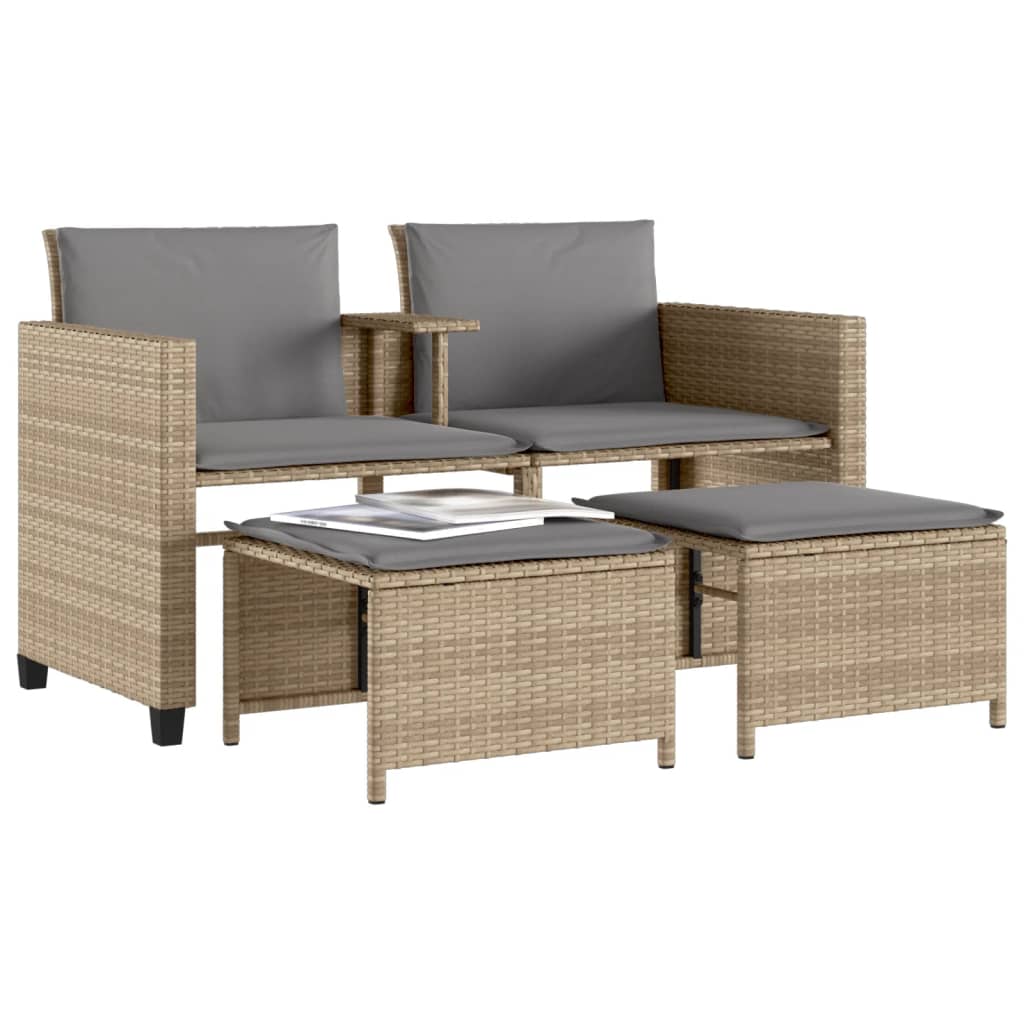 vidaXL Tuinsets Tuinbank 2-zits met tafel en voetenbanken poly rattan beige