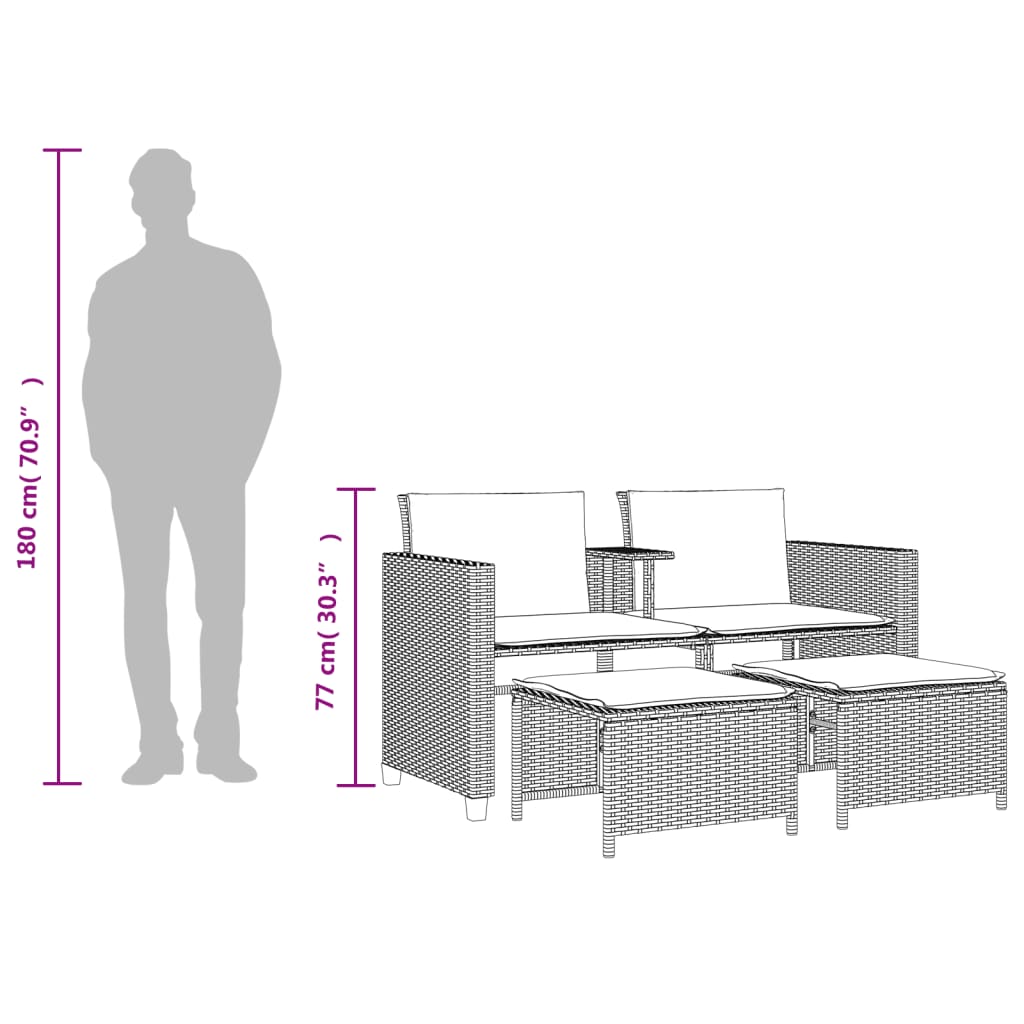 vidaXL Tuinsets Tuinbank 2-zits met tafel en voetenbanken poly rattan grijs