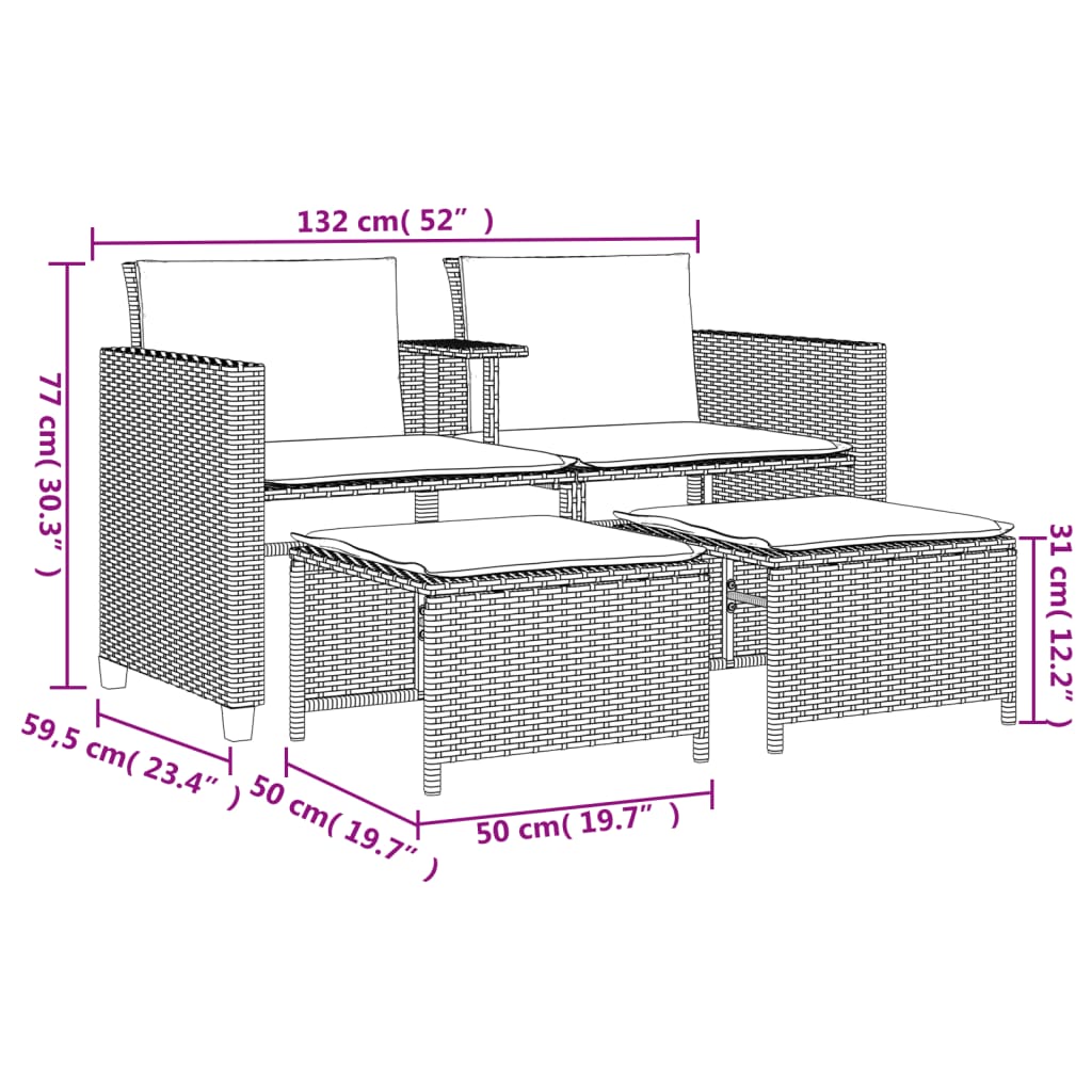 vidaXL Tuinsets Tuinbank 2-zits met tafel en voetenbanken poly rattan grijs