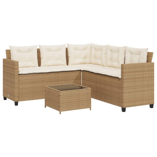 vidaXL Tuinsets Tuinbank met tafel en kussens L-vormig poly rattan beige