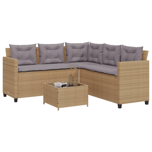 vidaXL Tuinsets Tuinbank met tafel en kussens L-vormig poly rattan beige