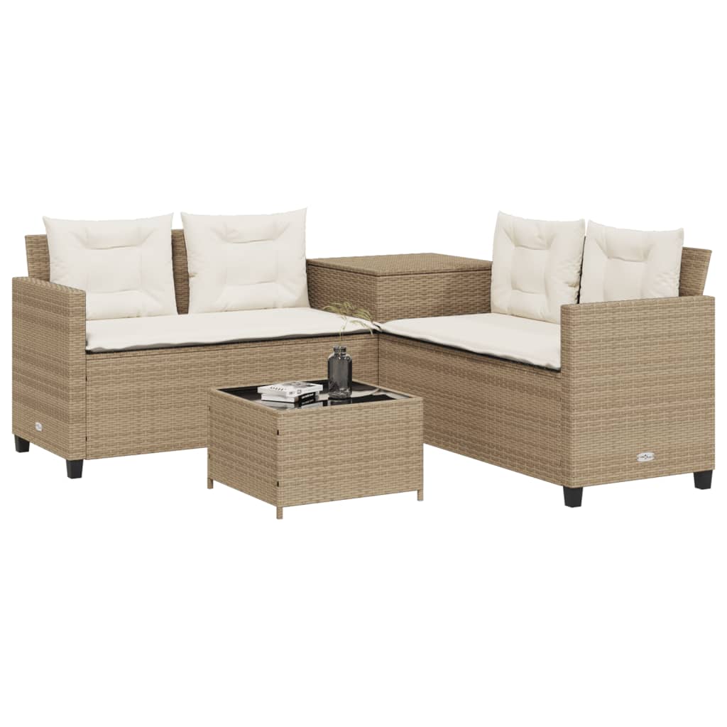 vidaXL Tuinsets Tuinbank met tafel en kussens L-vormig poly rattan beige