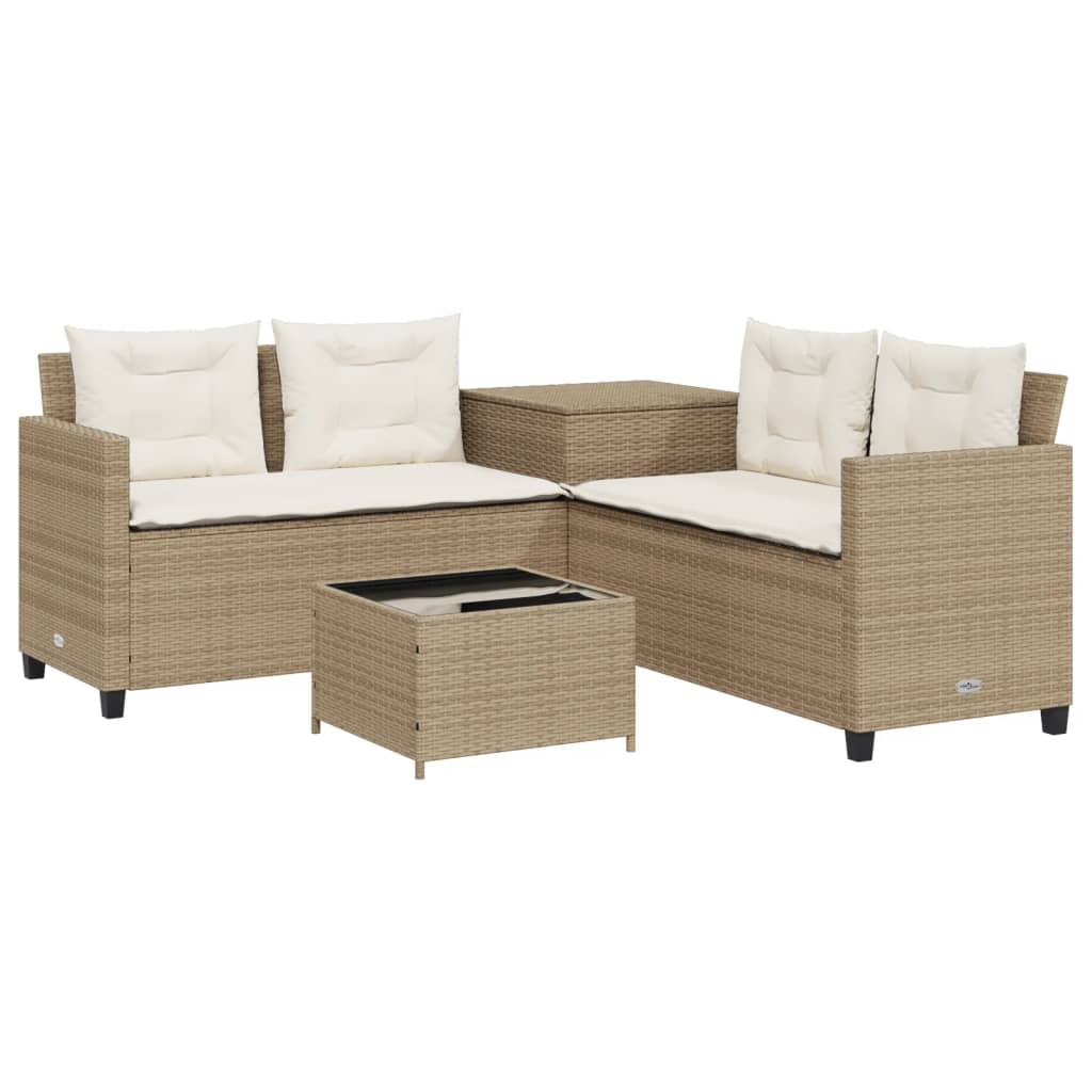 vidaXL Tuinsets Tuinbank met tafel en kussens L-vormig poly rattan beige