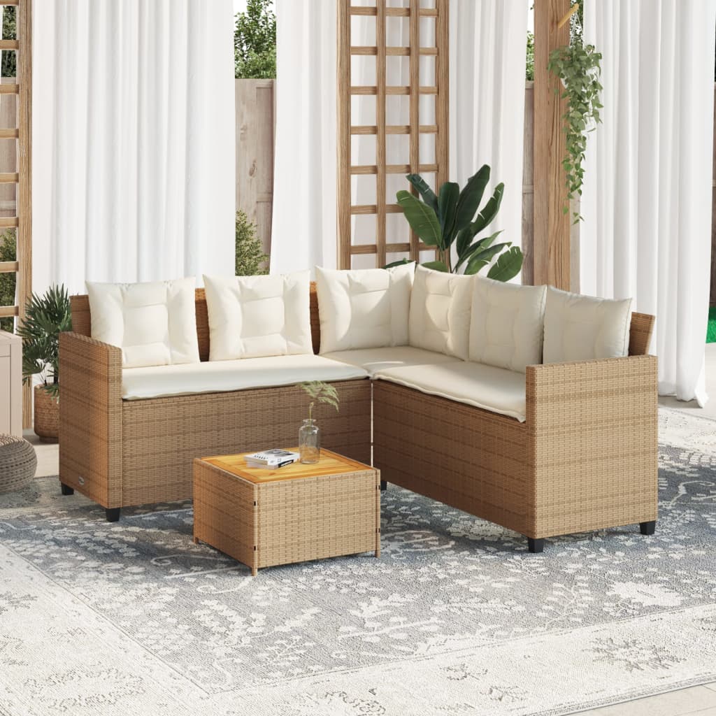 vidaXL Tuinsets Tuinbank met tafel en kussens L-vormig poly rattan beige