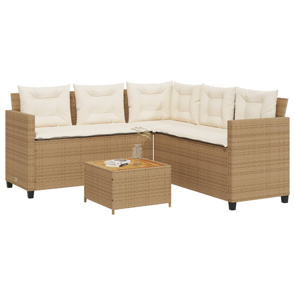 vidaXL Tuinsets Tuinbank met tafel en kussens L-vormig poly rattan beige