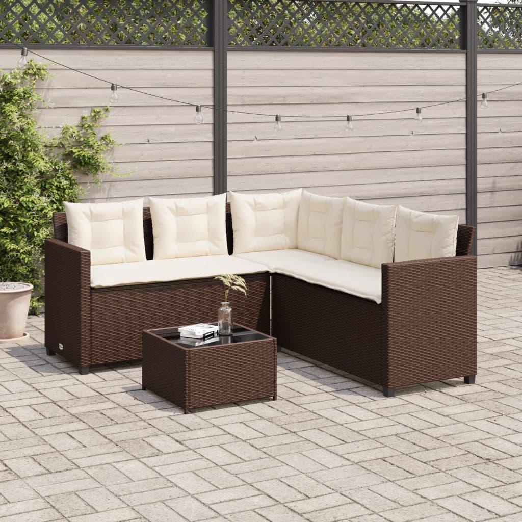 vidaXL Tuinsets Tuinbank met tafel en kussens L-vormig poly rattan bruin