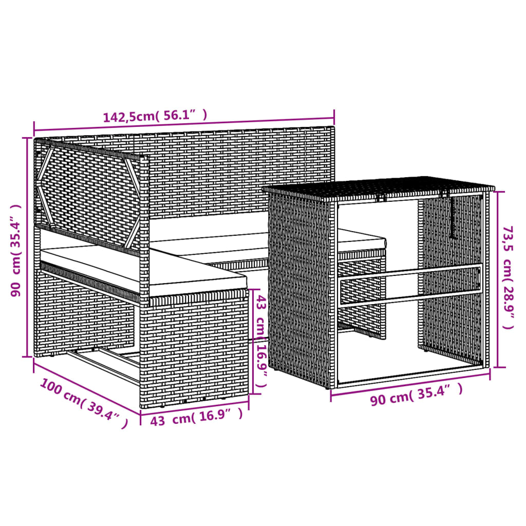 vidaXL Tuinsets Tuinbank met tafel en kussens L-vormig poly rattan bruin