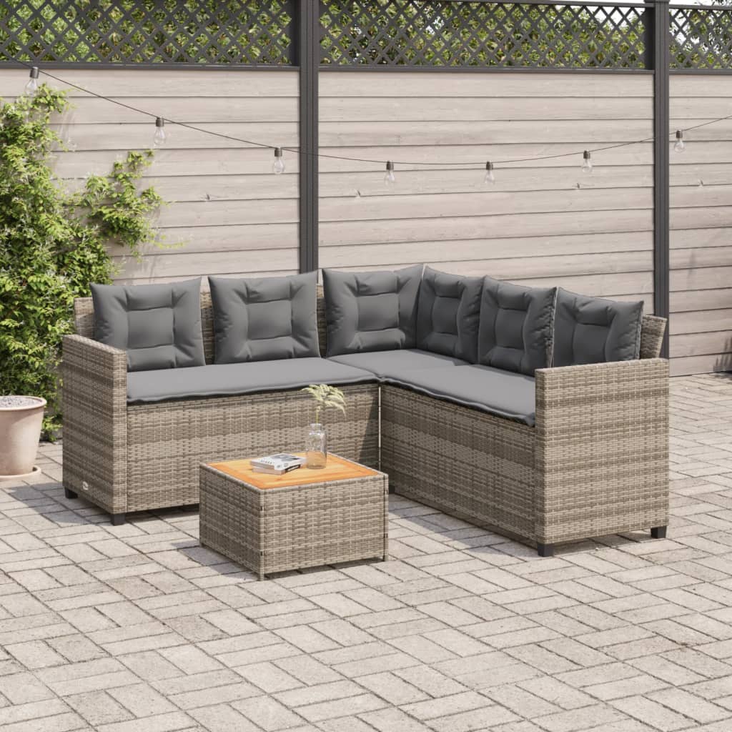 vidaXL Tuinsets Tuinbank met tafel en kussens L-vormig poly rattan grijs