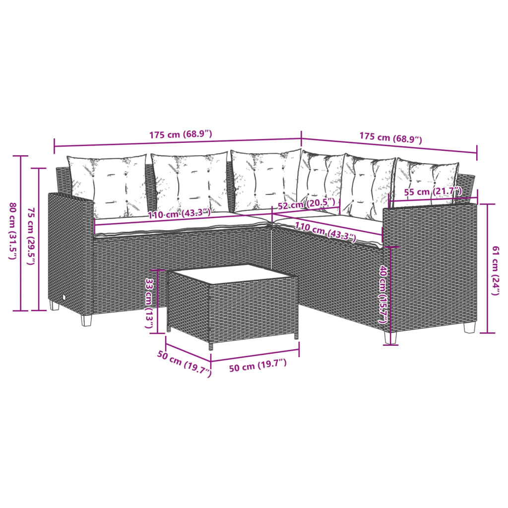 vidaXL Tuinsets Tuinbank met tafel en kussens L-vormig poly rattan grijs