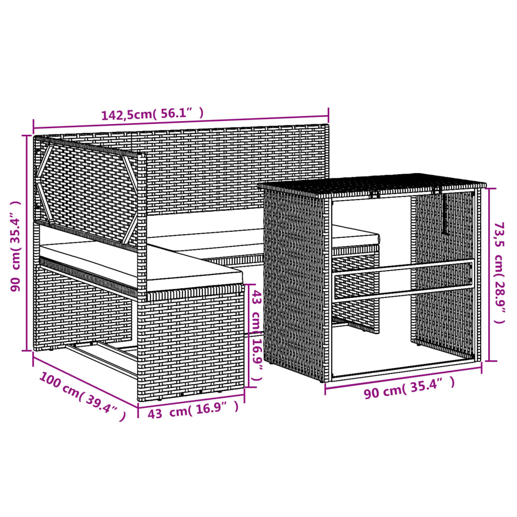 vidaXL Tuinsets Tuinbank met tafel en kussens L-vormig poly rattan grijs