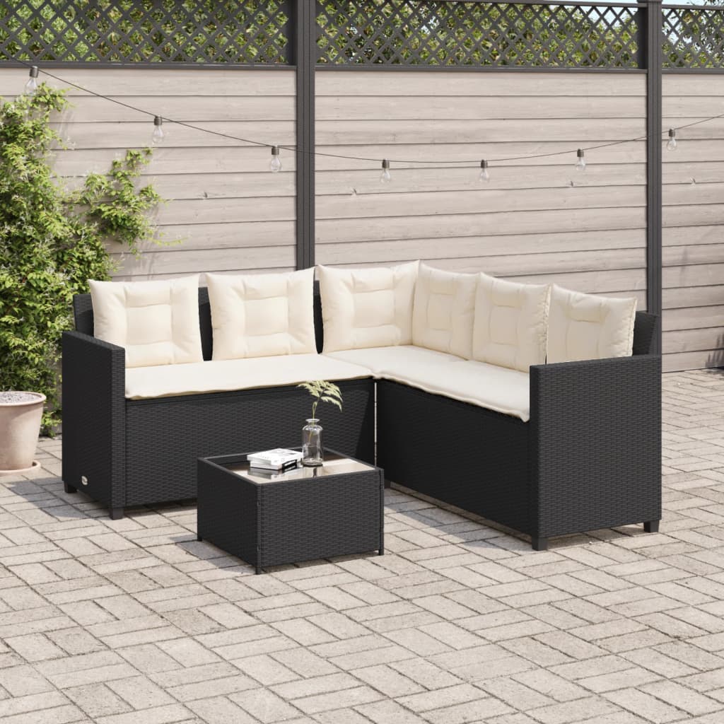 vidaXL Tuinsets Tuinbank met tafel en kussens L-vormig poly rattan zwart