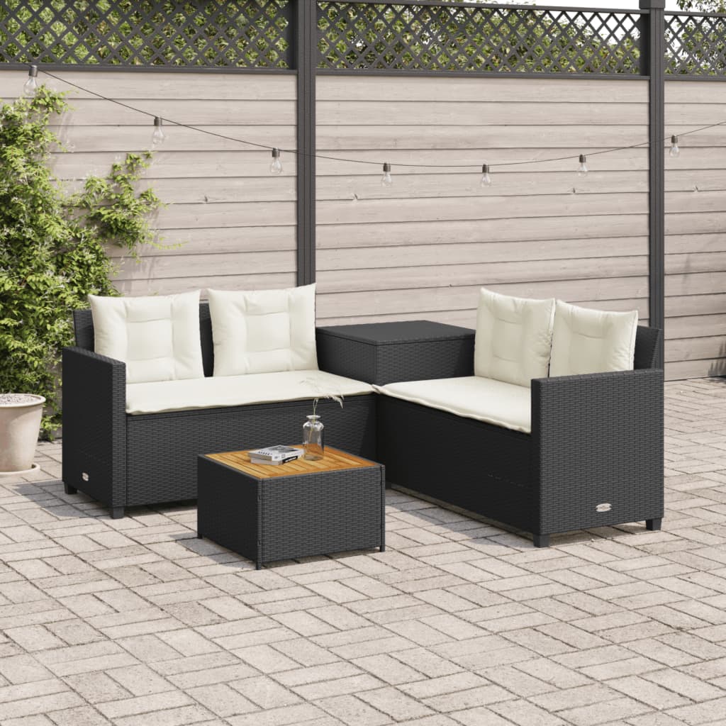 vidaXL Tuinsets Tuinbank met tafel en kussens L-vormig poly rattan zwart