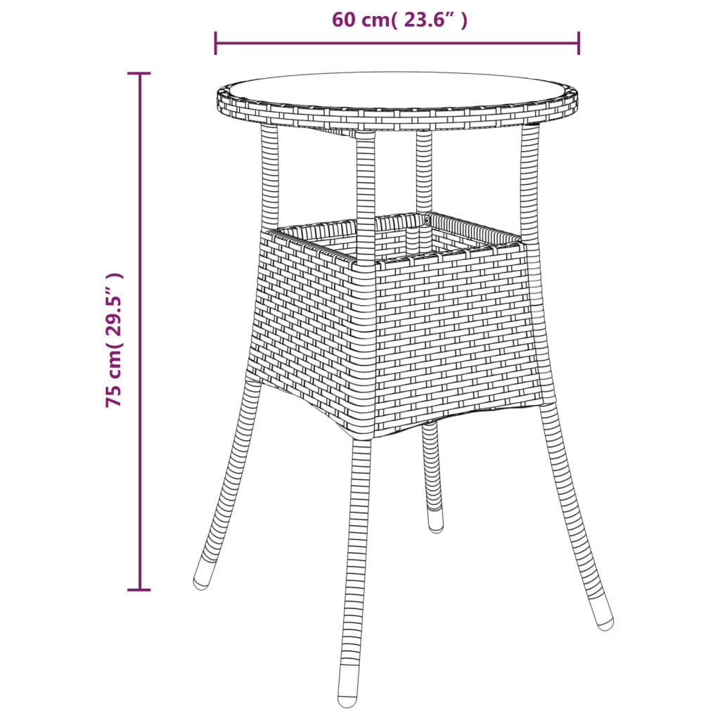 vidaXL Tuintafels Tuintafel Ø60x75 cm gehard glas en poly rattan bruin