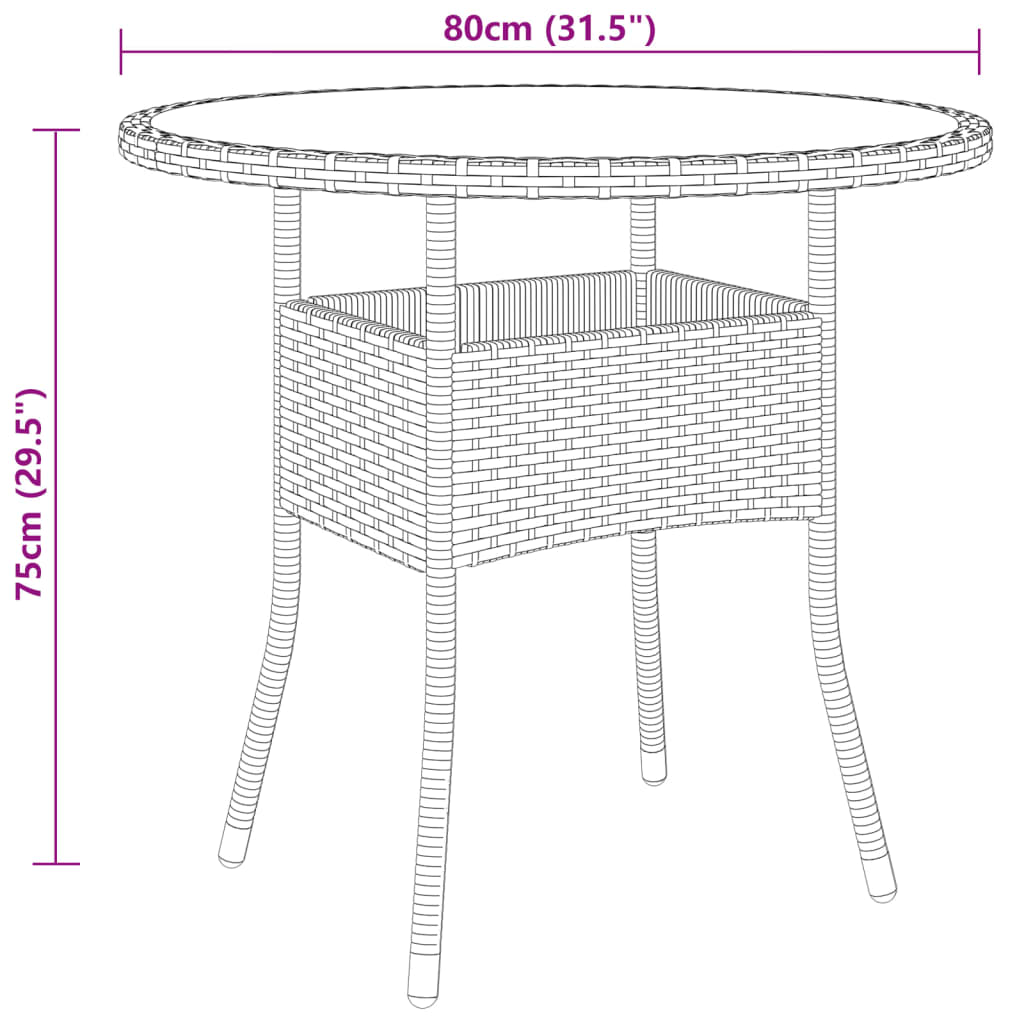 vidaXL Tuintafels Tuintafel Ø80x75 cm gehard glas en poly rattan zwart